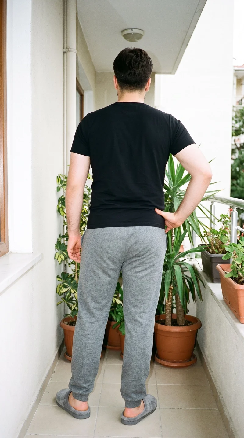 A 19-year-old Turkish man is shown full body from the rear with one hand on his hip, wearing men's grey fleece slippers. Balcony plants form the backdrop.