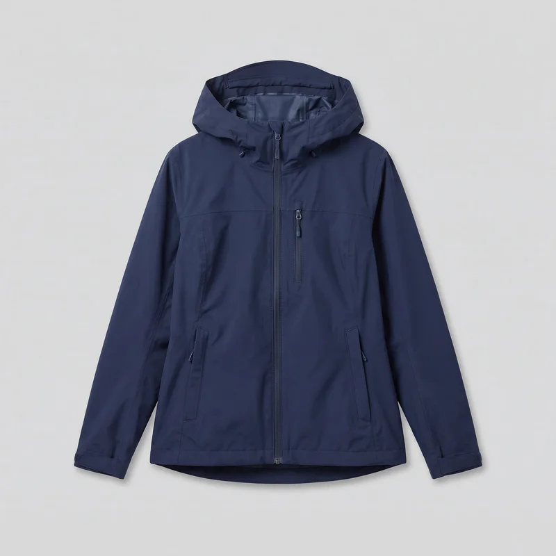 A mostly complete front view of a women's navy rain-shell jacket laid flat against a backdrop. The hip-length jacket has a structured hood with drawcords and cord locks, a high stand collar, a full-length center zipper, long sleeves with adjustable cuff tabs, a vertical zip chest pocket, two angled lower zip hand pockets, paneled seams, and a slightly curved dropped back hem.