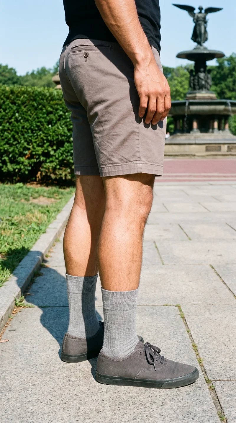 Men's Grey Wool Dress Socks, Lower body at Side, Flash Editorial lighting
