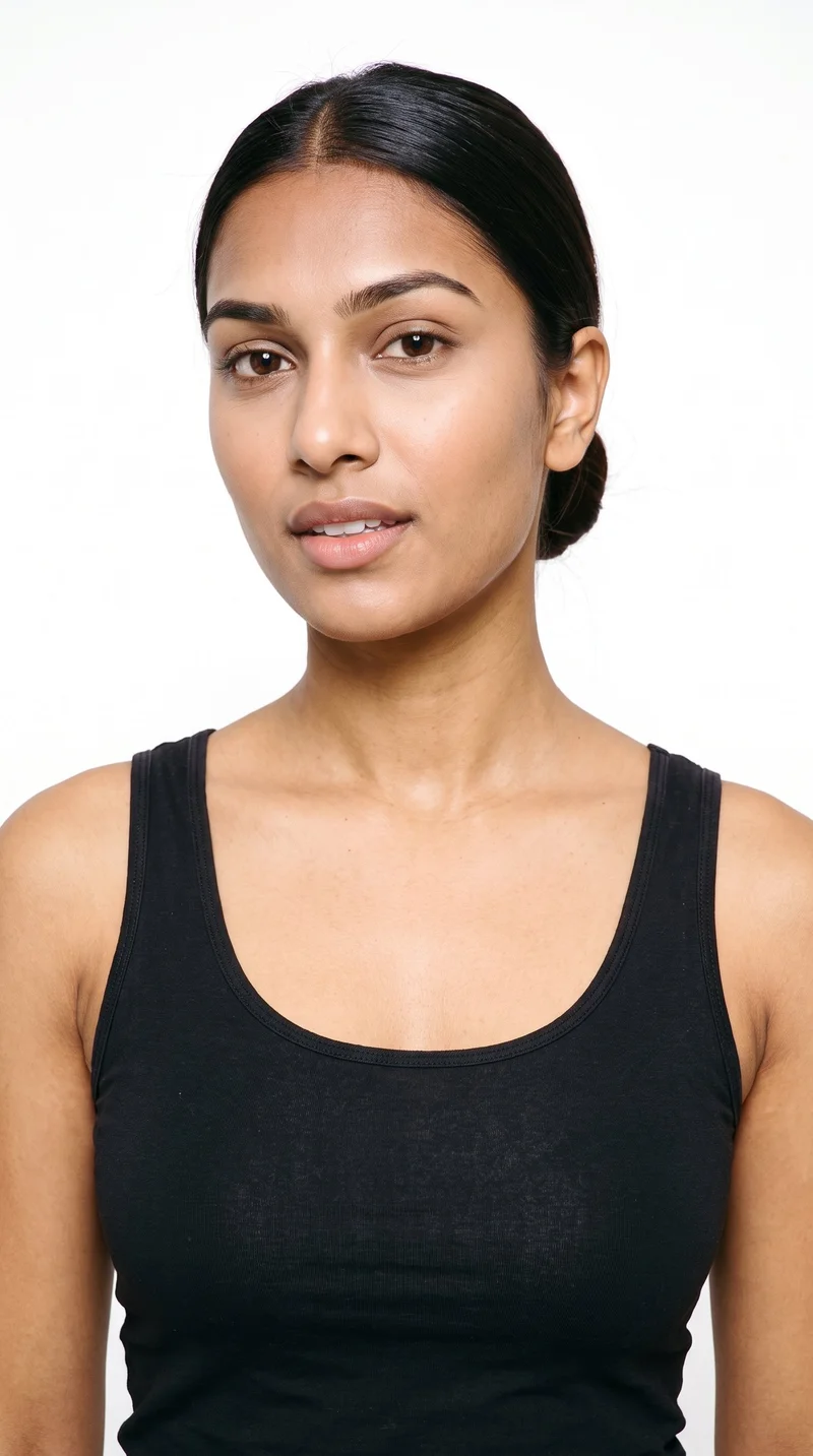 A 19-year-old Indian woman with brown skin and a warm golden sheen has an olive-green undertone. Her oval face has balanced proportions and a softly rounded jaw. She has medium-thickness eyebrows, brown eyes, and full lips. Her dark-brown hair is smoothed back into a neat low bun at the nape.