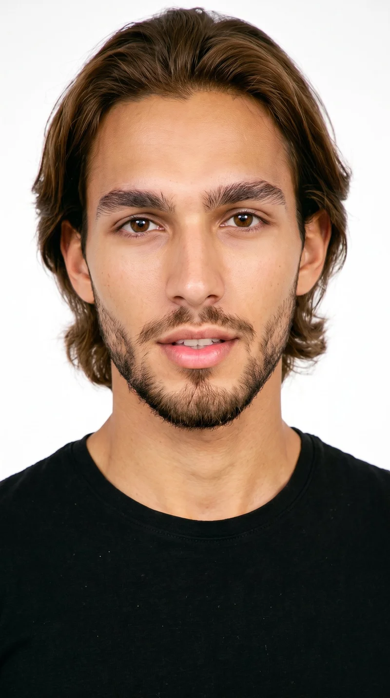 A 22-year-old Hispanic man with medium-brown skin and a warm golden undertone has a softly refined, even face with balanced features. His medium-thickness eyebrows frame brown eyes, and his lips are thin. Medium-brown hair is brushed back with body and movement extending past the ears. He has a short, structured beard with defined edges along the cheeks and jaw.