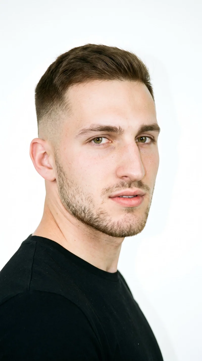This 19-year-old Caucasian man has porcelain-light skin with a neutral undertone and a Roman face shape marked by a prominent nose line and defined jaw. His thin eyebrows frame hazel eyes with green-gold flecks, and his medium lips sit above fine, closely trimmed stubble covering the beard area. His medium-brown hair is longer on top and tapers to very short sides, blending down to the skin.