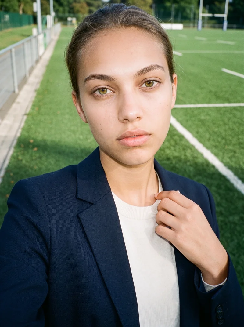 Women's Navy Wool Blazer, Selfie at Front, Natural E-Commerce lighting
