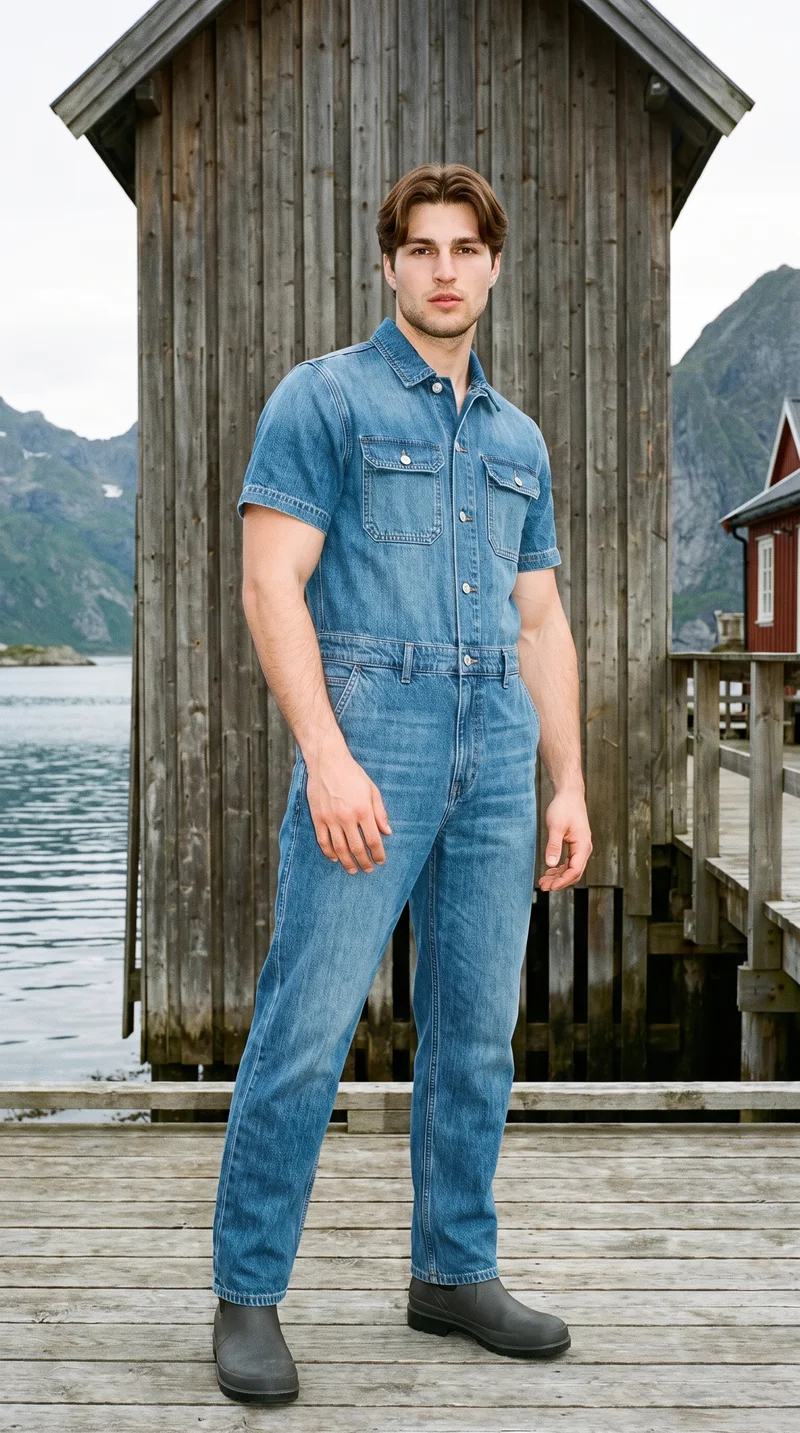 Men's Denim Boilersuit, Full body at Three-quarter, Clean Catalog lighting