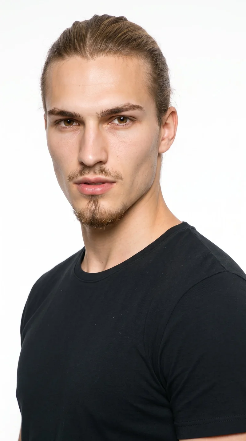 This 20-year-old Caucasian man has lightly tanned fair skin with a warm golden undertone. His chiseled face has sharp, angular features, a defined jaw, and pronounced cheekbones. He has thin eyebrows, brown eyes, and full lips. His light-brown hair is longer and gathered into a knot at the back with the sides drawn up. A compact goatee is centered on his chin, while his cheeks are clean-shaven.