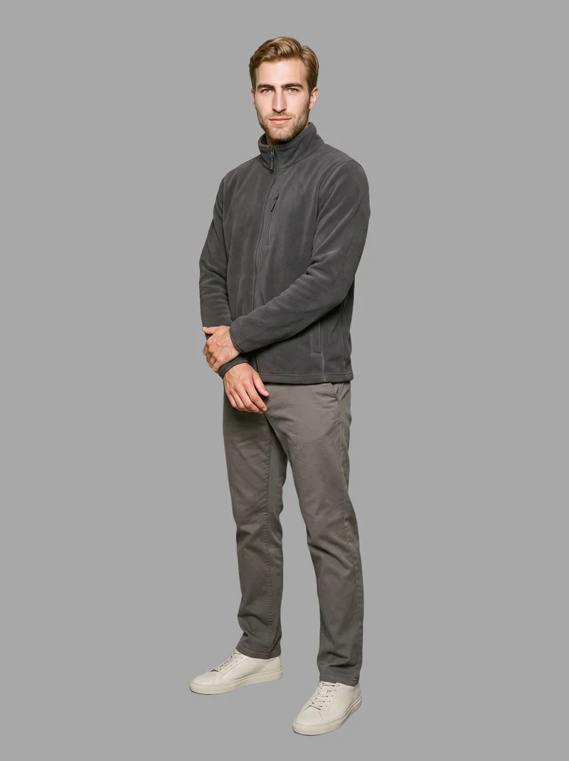Men's Grey Fleece Jacket, Full body at Three-quarter, Studio Cutout lighting
