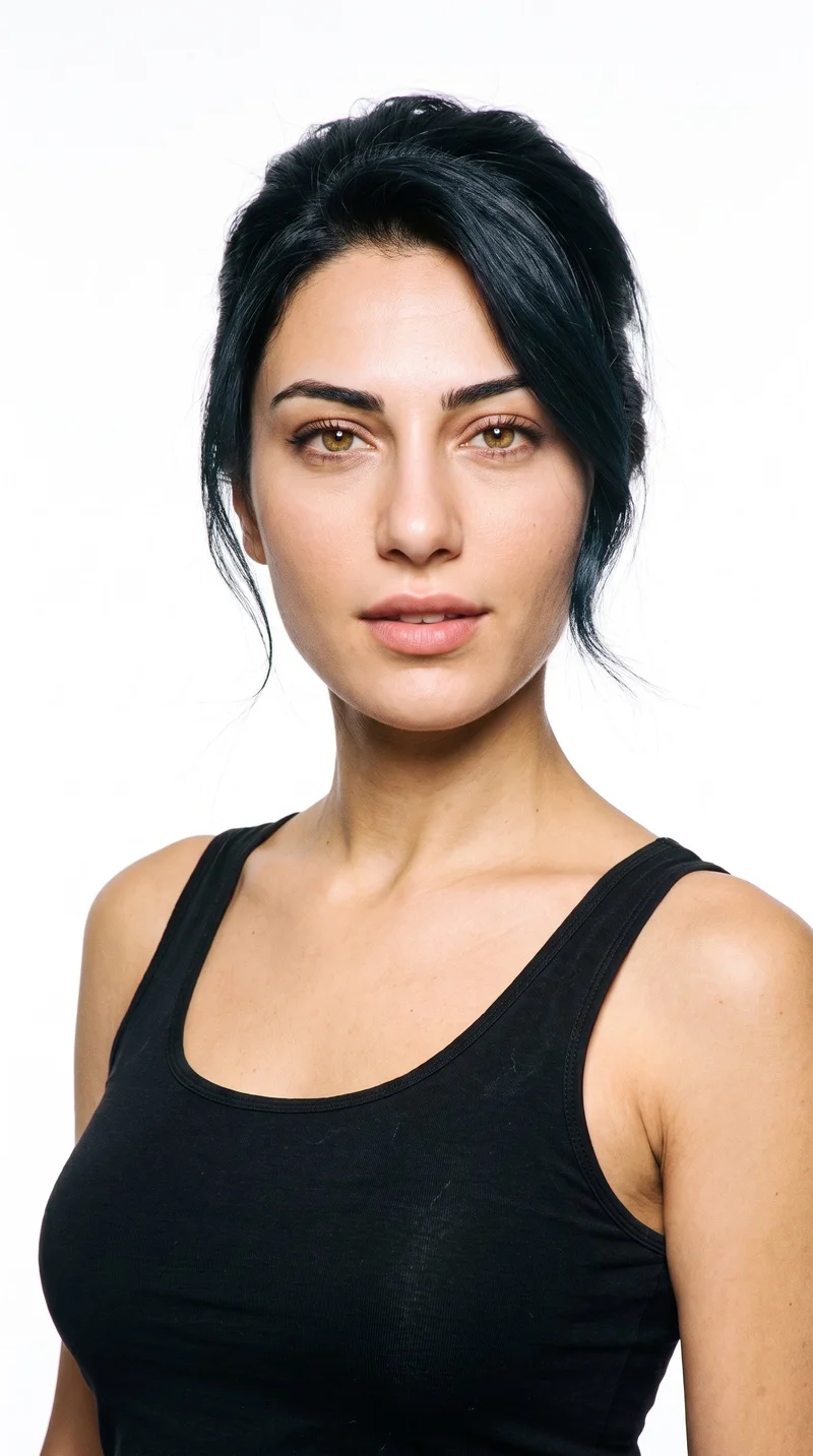 A 22-year-old Turkish woman with lightly tanned skin and an olive-green undertone has an oval face with balanced proportions and a softly rounded jaw. Her medium-thickness eyebrows frame amber eyes with a golden tone, and she has full lips. Her deep black hair is pinned up off the neck in a formal updo.