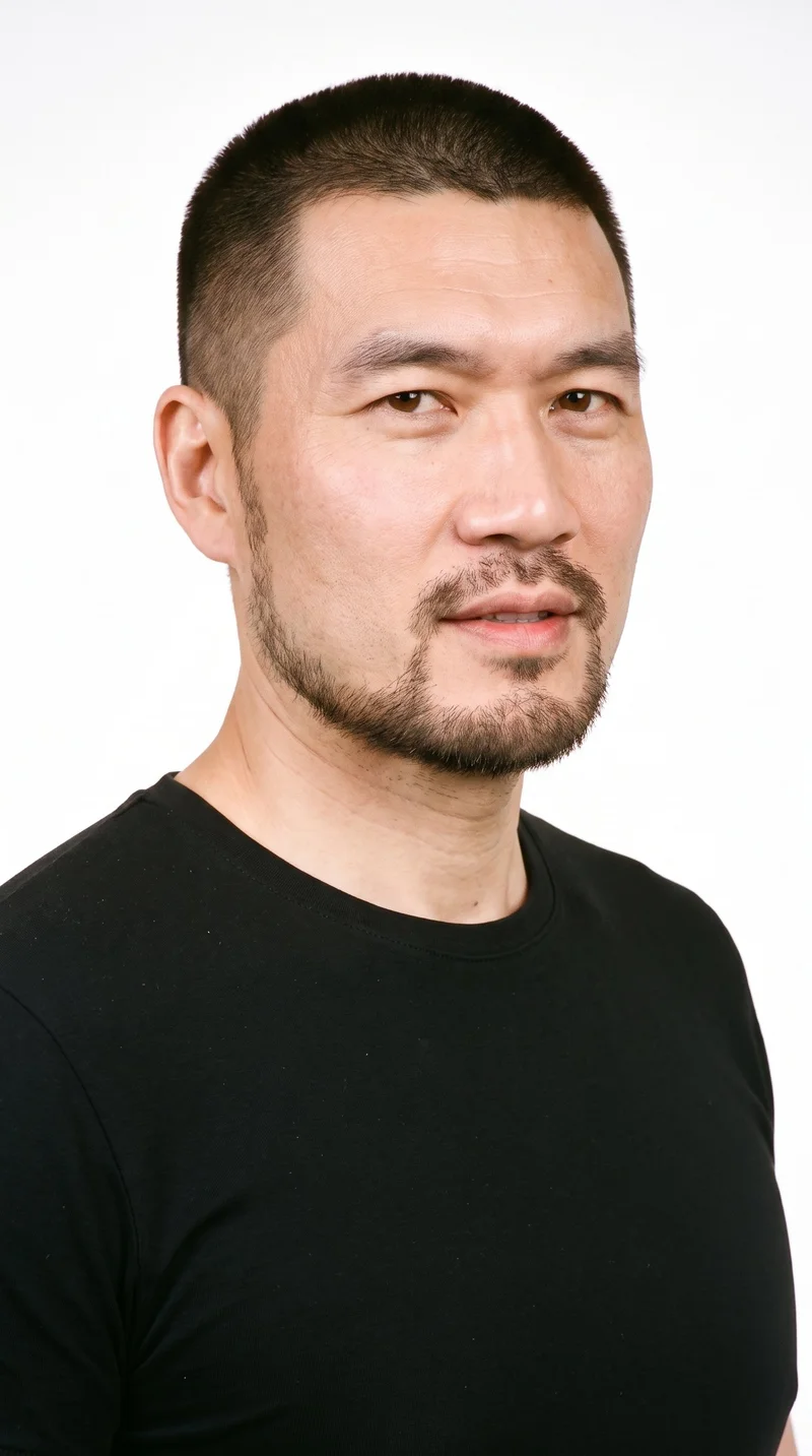 A 58-year-old Chinese man with fair skin and a cool undertone has a rugged, weathered face with characterful features and a heavy jaw. His medium-thickness eyebrows frame brown eyes, and he has full lips. His dark-brown hair is clipped very short in an even buzz cut, and he wears a short, structured boxed beard with defined edges along the cheeks and jaw.