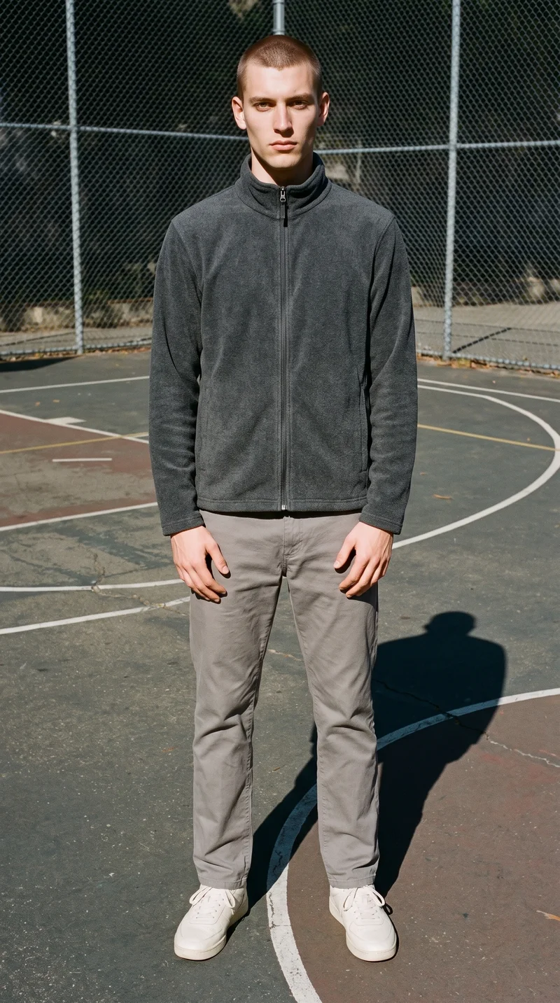 A 20-year-old Caucasian man is shown full body from the front wearing a grey fleece jacket. His hands are held in front, and he has a neutral expression. A basketball court forms the backdrop.