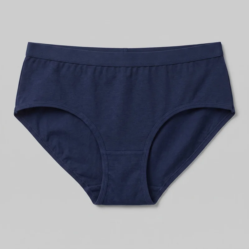 Women's navy hipster brief underwear shown laid flat in a standalone front view. The garment has a mid-rise waist, full front coverage, a smooth front panel, a visible lower center gusset, a straight folded elastic waistband, bound curved leg openings with rows of stitching, and side seams.