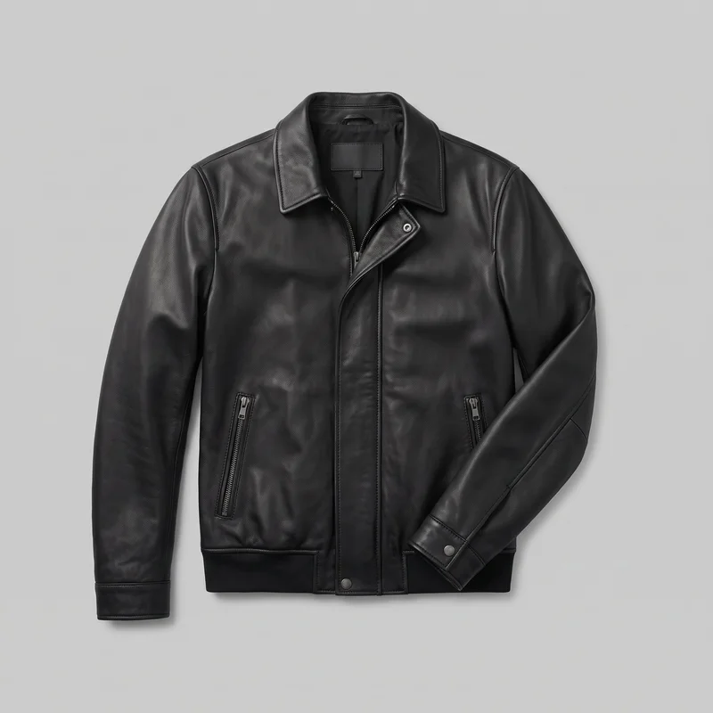A men's black leather bomber jacket is shown laid flat in a mostly complete front view. It has a pointed spread collar, a front zipper partly covered by a narrow snap-fastened placket, two low angled zip pockets, long set-in sleeves, snap-tab cuffs, visible seam detailing, topstitched edges, and a ribbed lower hem band.