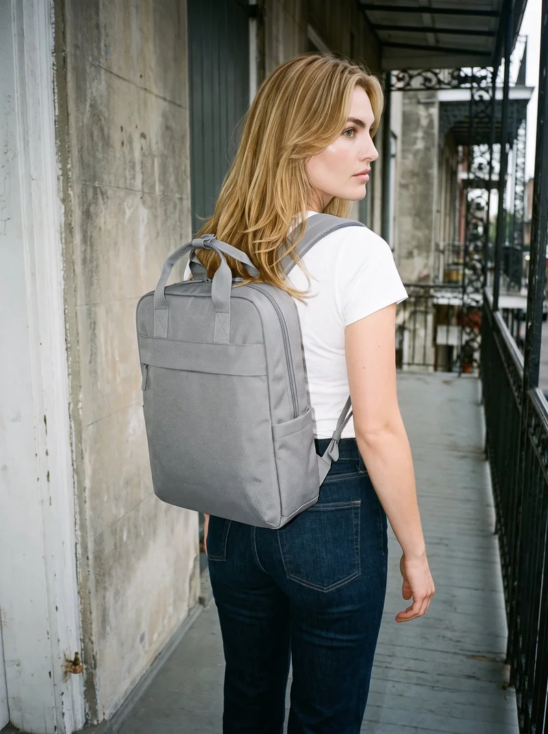 A 23-year-old Caucasian woman carries a grey laptop backpack on her back, shown in a three-quarter-length angled rear view. A New Orleans balcony serves as the backdrop.