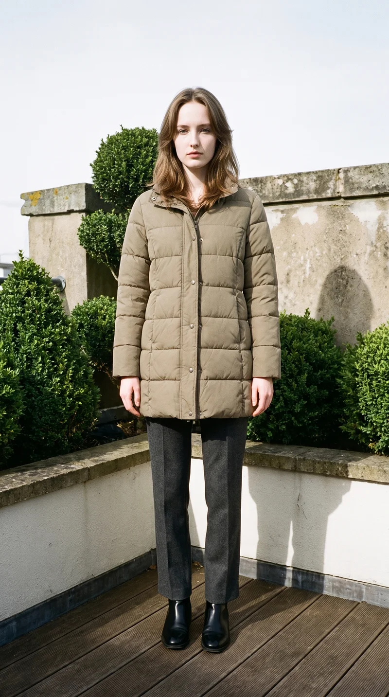 A 19-year-old Slavic woman wears a women's khaki longline puffer jacket in a full-body front view. She stands with a waist twist and a serious expression against a rooftop garden backdrop.