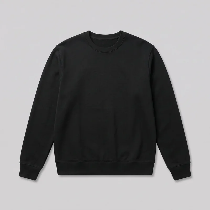A plain black crewneck sweatshirt is laid flat and shown from the front. The full garment is visible, including its round raised-band neckline, set-in long sleeves, fitted cuffs, visible shoulder and armhole seams, straight body, and wide bottom hem band. No graphics, logos, pockets, closures, or other embellishments are visible.