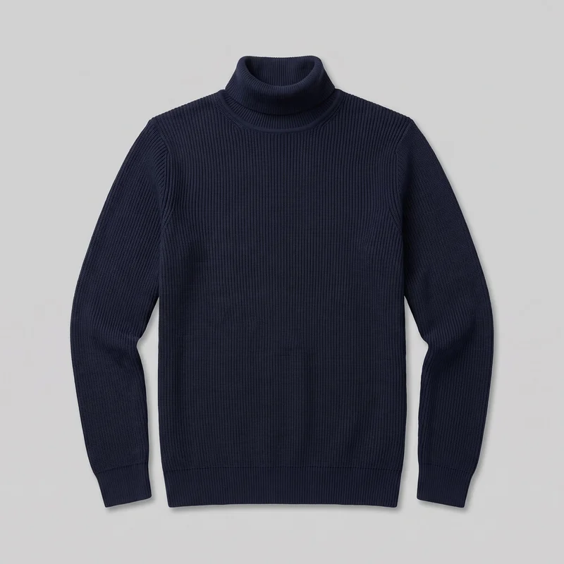 A standalone flat view shows the full front of a men's navy turtleneck sweater. It has a vertically ribbed knit texture, a folded high roll neck, long sleeves with matching ribbed cuffs, rounded shoulder seam shaping, and a wide ribbed waistband hem. No closures, pockets, logos, prints, patches, embroidery, or embellishments are visible.