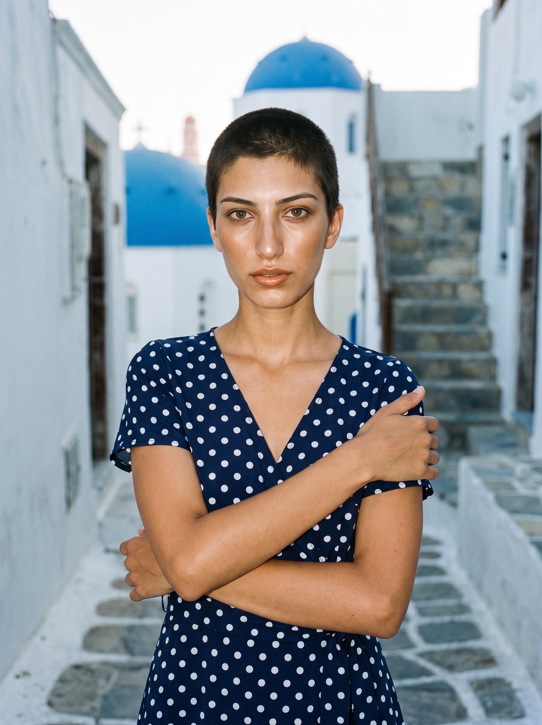 A 21-year-old Turkish woman wears a polka-dot wrap dress in an upper-body front view with her arms crossed and a sultry expression. White steps form the backdrop.