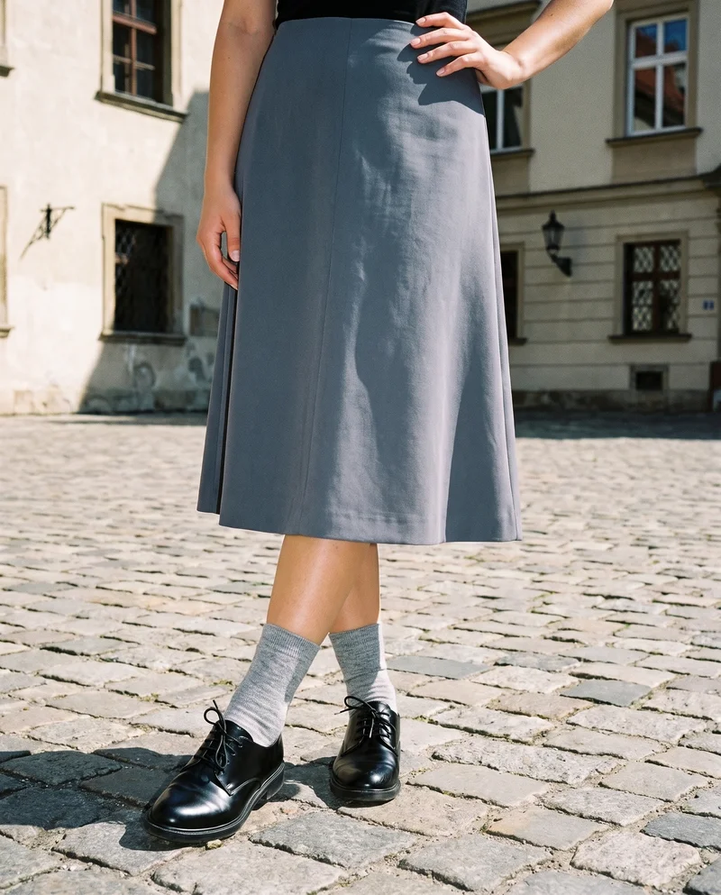 A woman is shown from the lower body in a front view, wearing grey wool dress socks with her ankles crossed. A town square backdrop is visible.