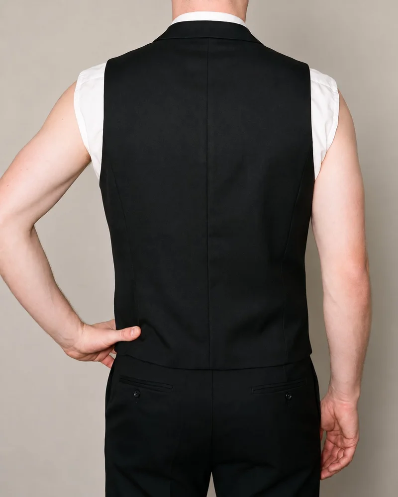 A man's torso wearing a black waistcoat, shown from the rear with one hand resting on his hip. The garment is photographed against a greige studio-wall backdrop.