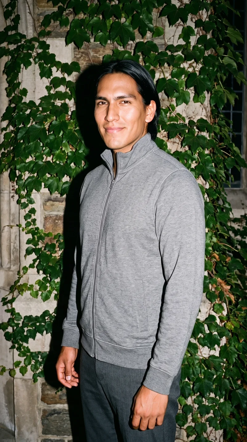 A 23-year-old Indigenous American man wears a grey zip track jacket in a three-quarter-length frame. He is shown from a front three-quarter angle with a waist twist and a smiling expression, against an ivy-covered building backdrop.