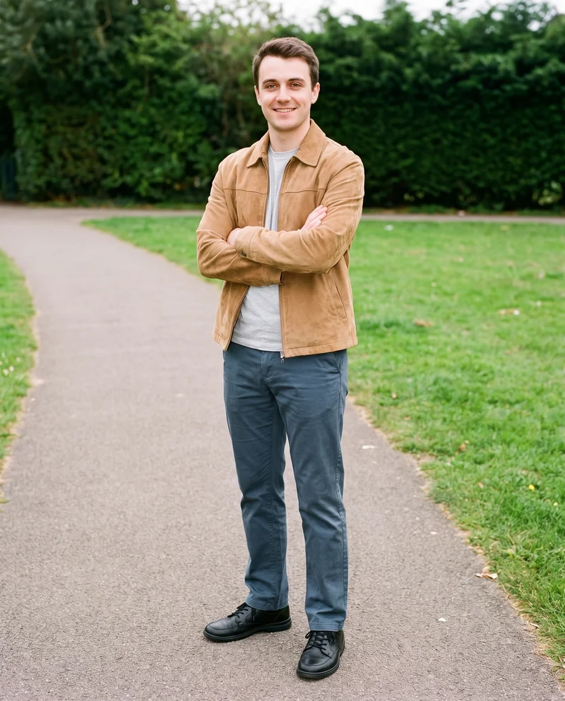 A 24-year-old Caucasian man wears a tan suede jacket while standing with his arms crossed and smiling. He is shown full body from a front three-quarter angle, with a park pathway as the backdrop.