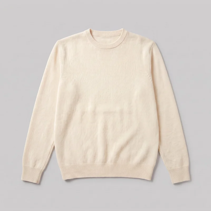 A cream cashmere crewneck sweater is laid flat in a mostly complete front view. It has a regular straight silhouette, long sleeves with deep ribbed cuffs, a ribbed round neckline, a wide ribbed bottom hem, set-in shoulders, and a plain fine-knit surface with visible shoulder seams.