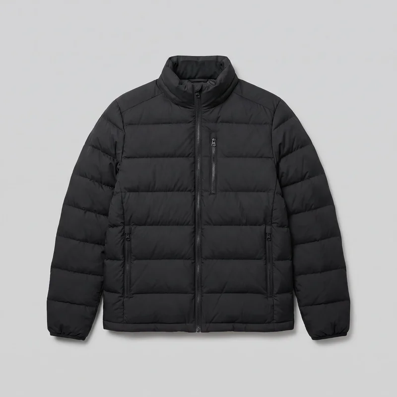 A mostly complete front view of a black hip-length down puffer jacket laid flat against an unspecified backdrop. It has horizontal quilted baffles, a high stand collar, long sleeves with gathered elasticated cuffs, angled shoulder yoke seams, a full-length center-front zipper, one vertical zip pocket on the upper chest, and two vertical zip hand pockets at the lower front. The jacket has a regular fit and a straight hem, with no visible logos or embellishments.