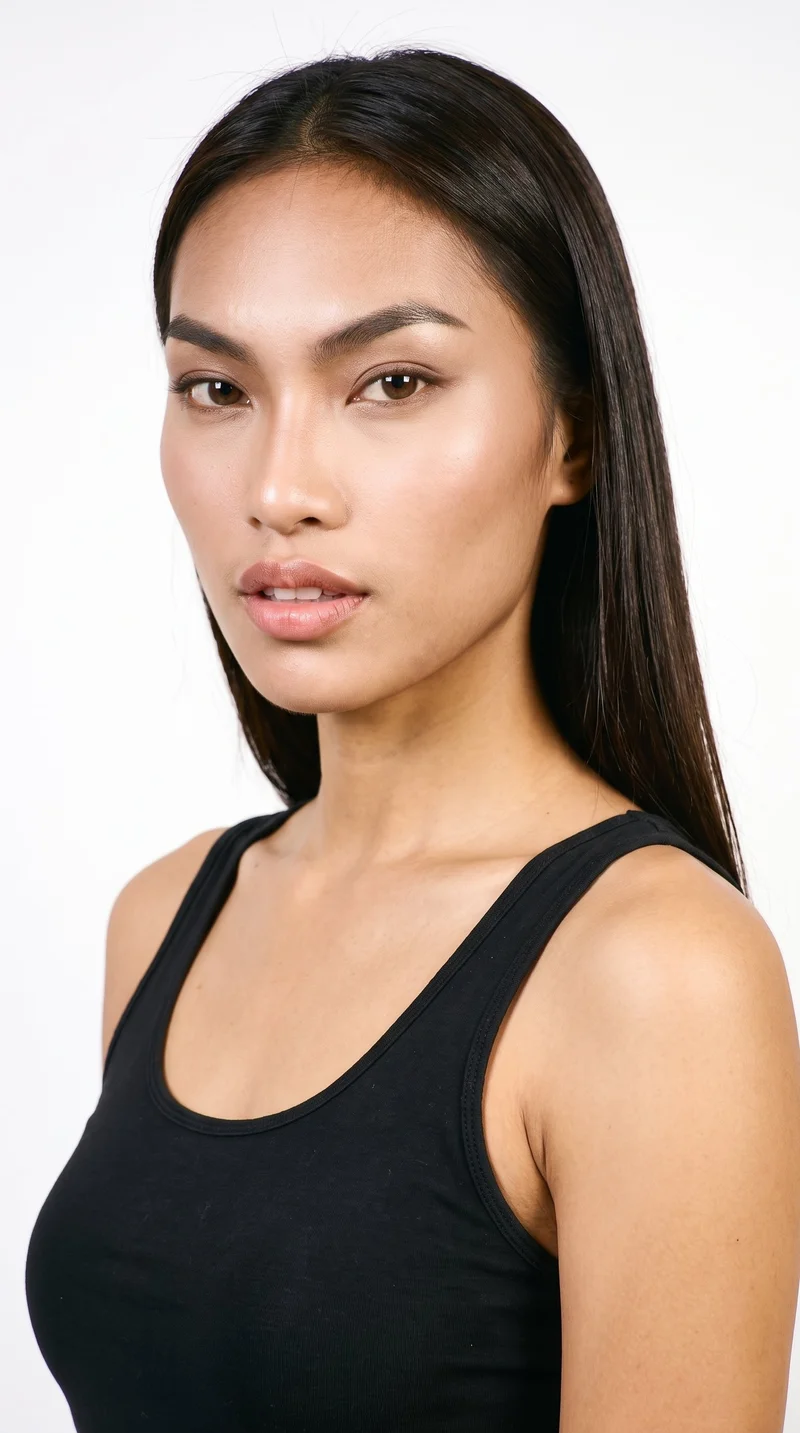 An 18-year-old Southeast Asian woman with lightly tanned fair skin and a warm yellow undertone. Her diamond-shaped face has a narrow forehead and jaw, with the greatest width at the cheekbones. She has medium-thickness eyebrows, very dark near-black eyes, and very full lips. Her long dark-brown hair falls straight without waves or layers.
