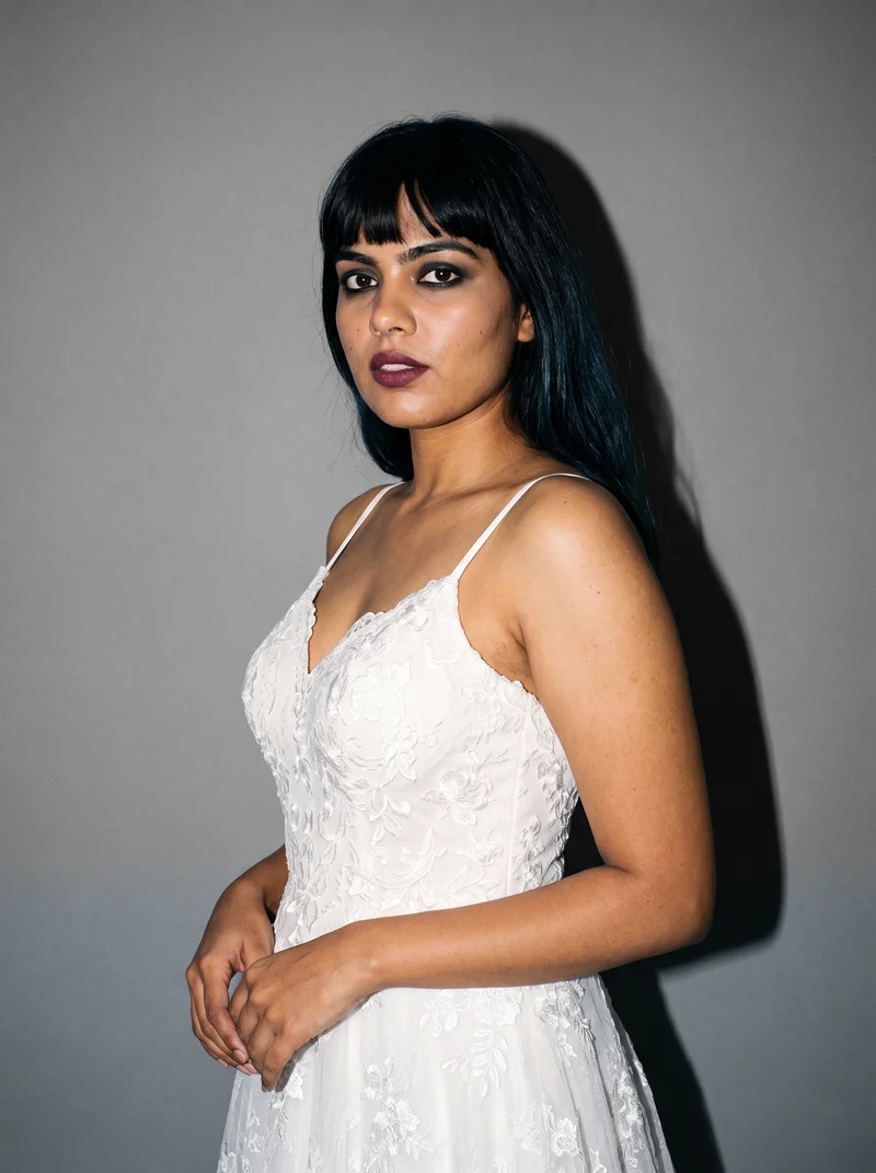Ivory Lace Wedding Dress, Upper body at Three-quarter, Flash Editorial lighting