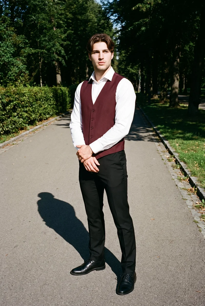 A 25-year-old Caucasian man wears a burgundy waistcoat in a full-body, angled-front view with his hands held in front and a neutral expression. A park pathway forms the backdrop.