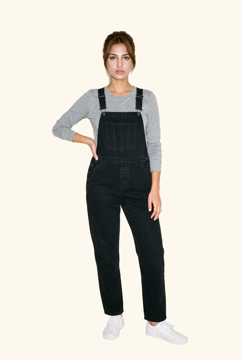 Women's Black Denim Dungarees, Full body at Front, Studio Cutout lighting