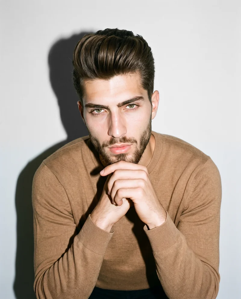 A 19-year-old Turkish man is shown from the upper body in a front view, wearing a camel knit pullover jumper. One hand rests at his chin, and he has a soft facial expression. A fog grey studio-wall backdrop fills the background.