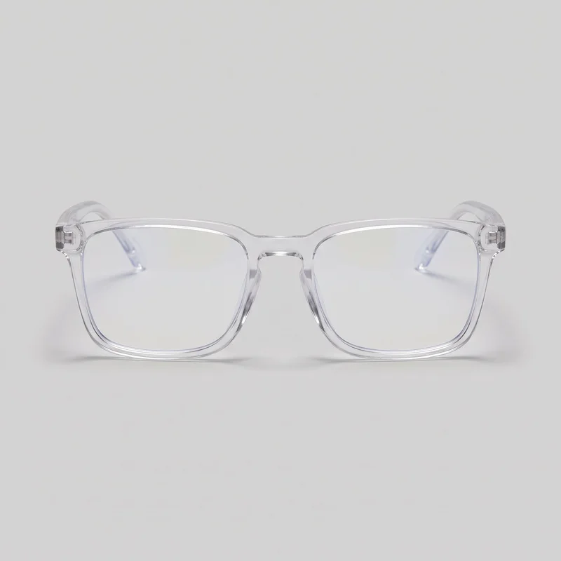 A complete pair of men's clear-frame blue-light glasses is shown from the front. The eyeglasses have square-to-rectangular full-rim lenses, broad upper rims, gently rounded lower corners, a shallow saddle-style bridge with a small center dip, thick molded rims with visible inner lens grooves, integrated nose pads, blocky hinge corners, and temple arms extending backward. No logos, prints, or embellishments are visible.