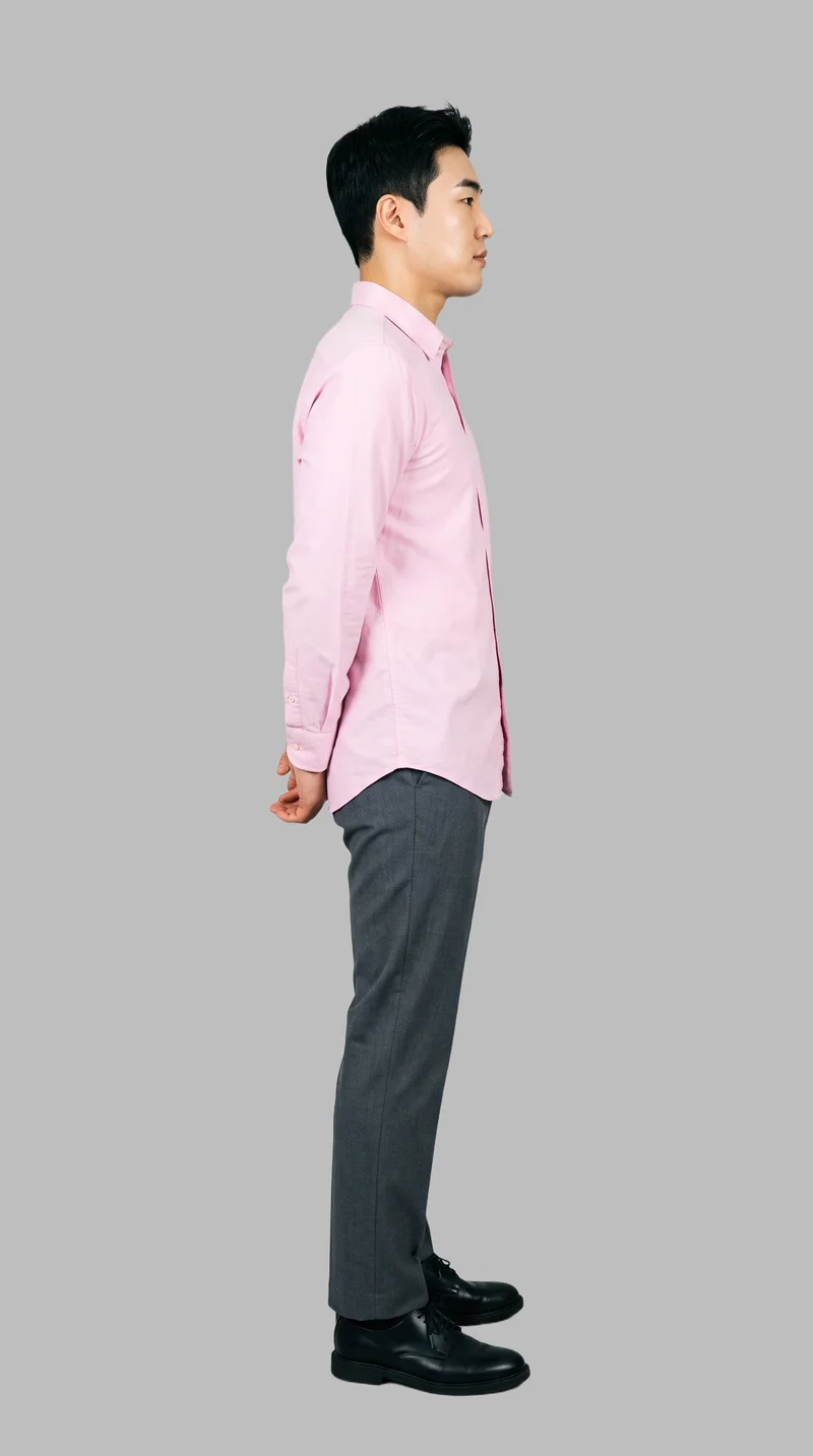 Pink Oxford Shirt, Full body at Side, Studio Cutout lighting