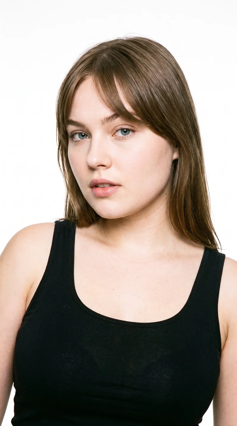 A 21-year-old Caucasian woman with a medium skin tone and warm golden undertone has a round face with soft, full contours and few angles. She has thin eyebrows, blue eyes with a cool undertone, and thin lips. Her brown hair is styled with longer bangs parted in the centre, framing both sides of her face.