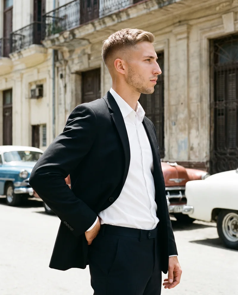 A 22-year-old Caucasian man wears a men's black tailored blazer in a three-quarter-length side view, with one hand on his lower back and a confident expression. Vintage cars on a Cuban street form the backdrop.