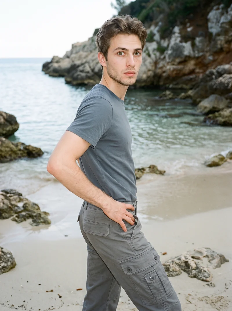 Men's Grey Cargo Pants, Three-quarter length at Three-quarter, Clean Catalog lighting