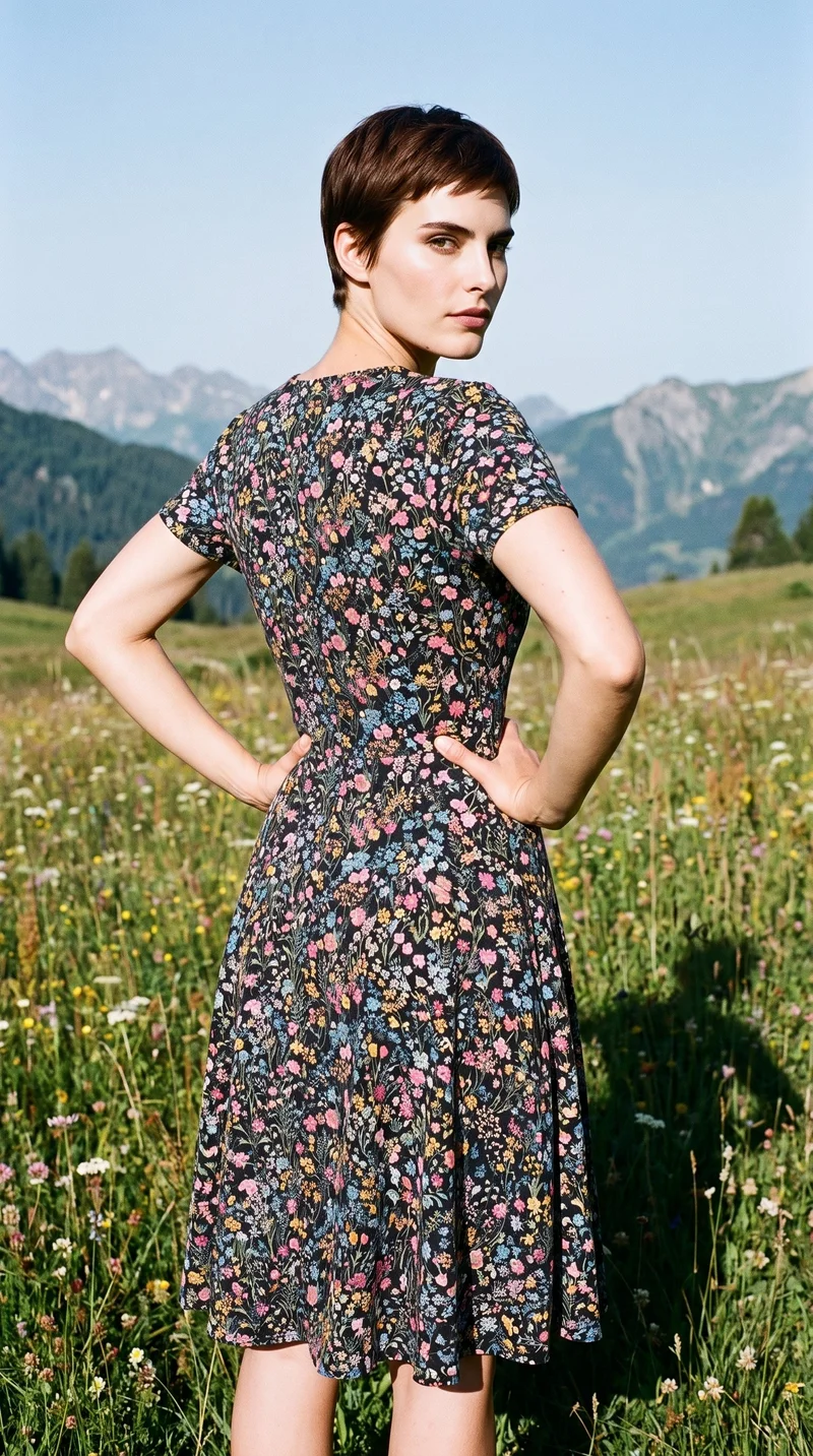 A 26-year-old Caucasian woman wears a floral print mini dress, shown in a three-quarter-length angled rear view with her hands on her hips. A wildflower mountain meadow serves as the backdrop.
