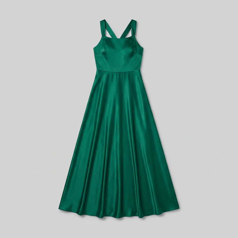 Emerald green satin maxi dress laid flat in a front-facing standalone view. The dress has a fitted sleeveless bodice with a straight square neckline, wide shoulder straps, crossed rear straps forming a V shape, a defined waist seam, and a full flared skirt ending in a gently wavy floor-length hem.