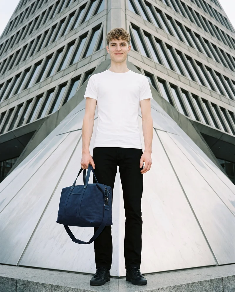 Navy Canvas Weekend Bag, Full body at Front, Natural E-Commerce lighting