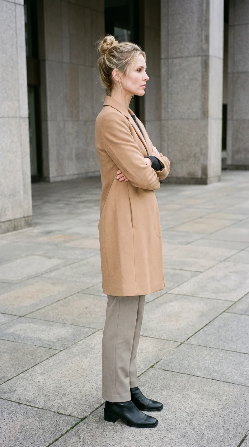 Women's Camel Wool Coat, Full body at Side, Clean Catalog lighting