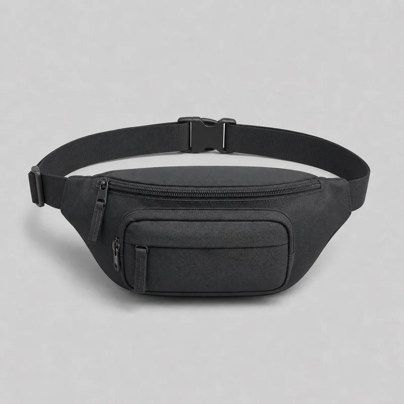 A standalone men's nylon waist bag is shown from a front-facing angle with its adjustable strap looped behind the crescent-shaped main pouch. The bag has a top-edge zipper with a pull tab, a raised rectangular front zip pocket with rounded corners and its own pull tab, stitched borders, piped pocket edges, and visible side panel seams. The wide woven strap includes an adjustment slider and a side-release buckle centered at the back.