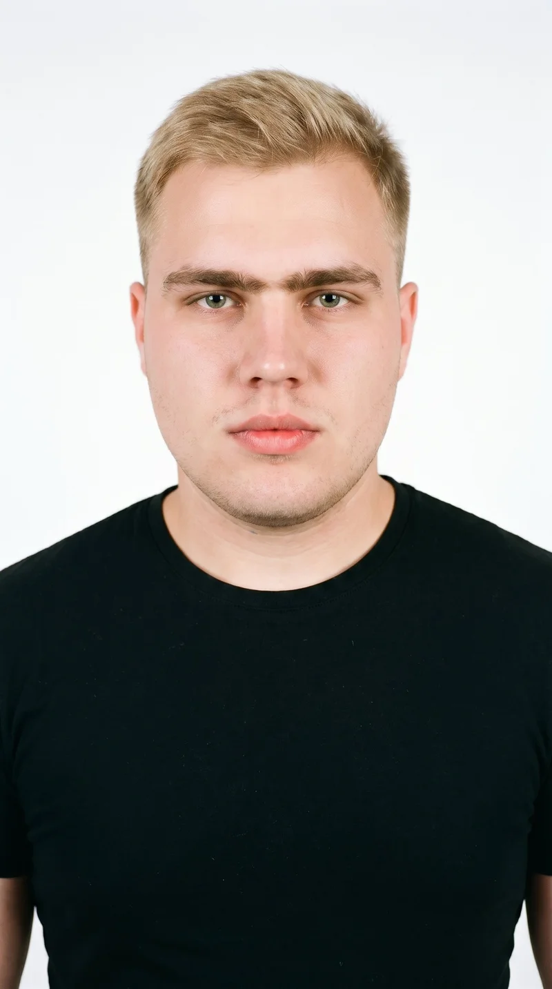 A 23-year-old Slavic man with very pale peach-toned skin and a triangular face shape: the jaw is wide and narrows toward the forehead, emphasizing the lower face. He has thick eyebrows, hazel eyes with green-gold flecks, and full lips. His mid-tone blonde hair is styled in a taper, gradually shortening at the sides and neckline while retaining length on top. He is clean-shaven, with smooth skin across the whole face.