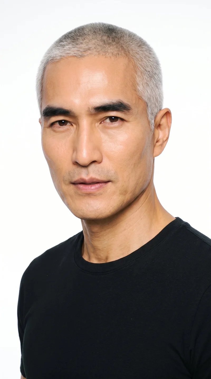 A 54-year-old Korean man with light-tanned fair skin and a warm yellow undertone. His Roman face shape has strong classical features, a prominent nose line, and a defined jaw. He has thick eyebrows, very dark near-black eyes, and medium lips. His silver-grey hair is clipped very short and evenly in a buzz cut, and he is clean-shaven with smooth skin across his face.