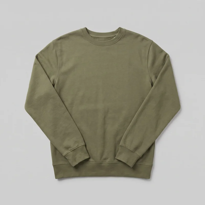 Men's olive crewneck sweatshirt shown as a centered, mostly complete front flat lay. The standalone garment has a regular, slightly relaxed straight silhouette, long set-in sleeves, a ribbed crew neckline, ribbed cuffs, and a wide ribbed bottom hem band. Shoulder and armhole seams and topstitching around the neckline, cuffs, and hem are visible; the plain front has no visible pockets, closures, logos, prints, patches, embroidery, or embellishments.