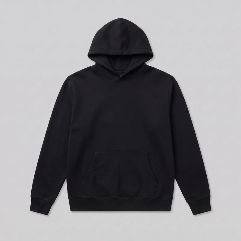 A mostly complete front view of a black pullover hooded sweatshirt laid flat. It has an attached hood with a center seam, long sleeves with ribbed cuffs, a single kangaroo pocket with angled openings, and a ribbed straight hem.