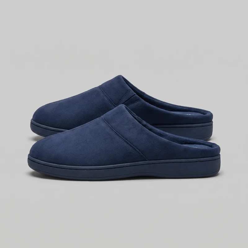 A pair of navy closed-toe mule slippers is shown in overlapping side views. The backless slip-ons have rounded toes, open heels, padded rolled rims, stitched vamp panels, and thick flat soles with rounded front bumpers and narrow raised edge lines.