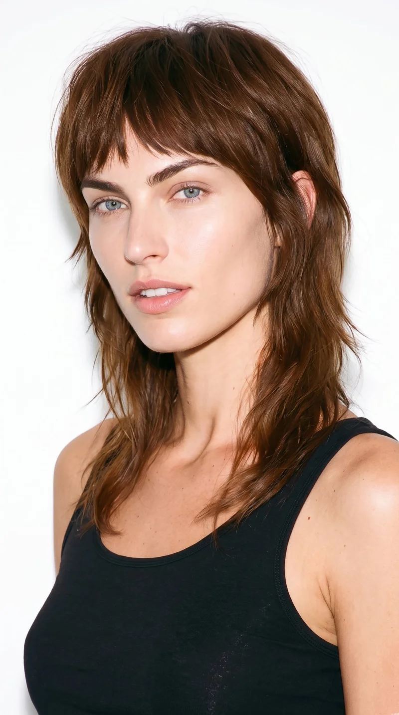 A 28-year-old Caucasian woman with lightly tanned fair skin and a neutral undertone. Her diamond-shaped face has a narrow forehead and jaw, with the greatest width at the cheekbones. She has medium-thickness eyebrows, medium lips, blue eyes with a cool undertone, and chestnut-brown hair with a reddish undertone styled in a layered wolf cut with volume at the crown and tapered, textured lengths.