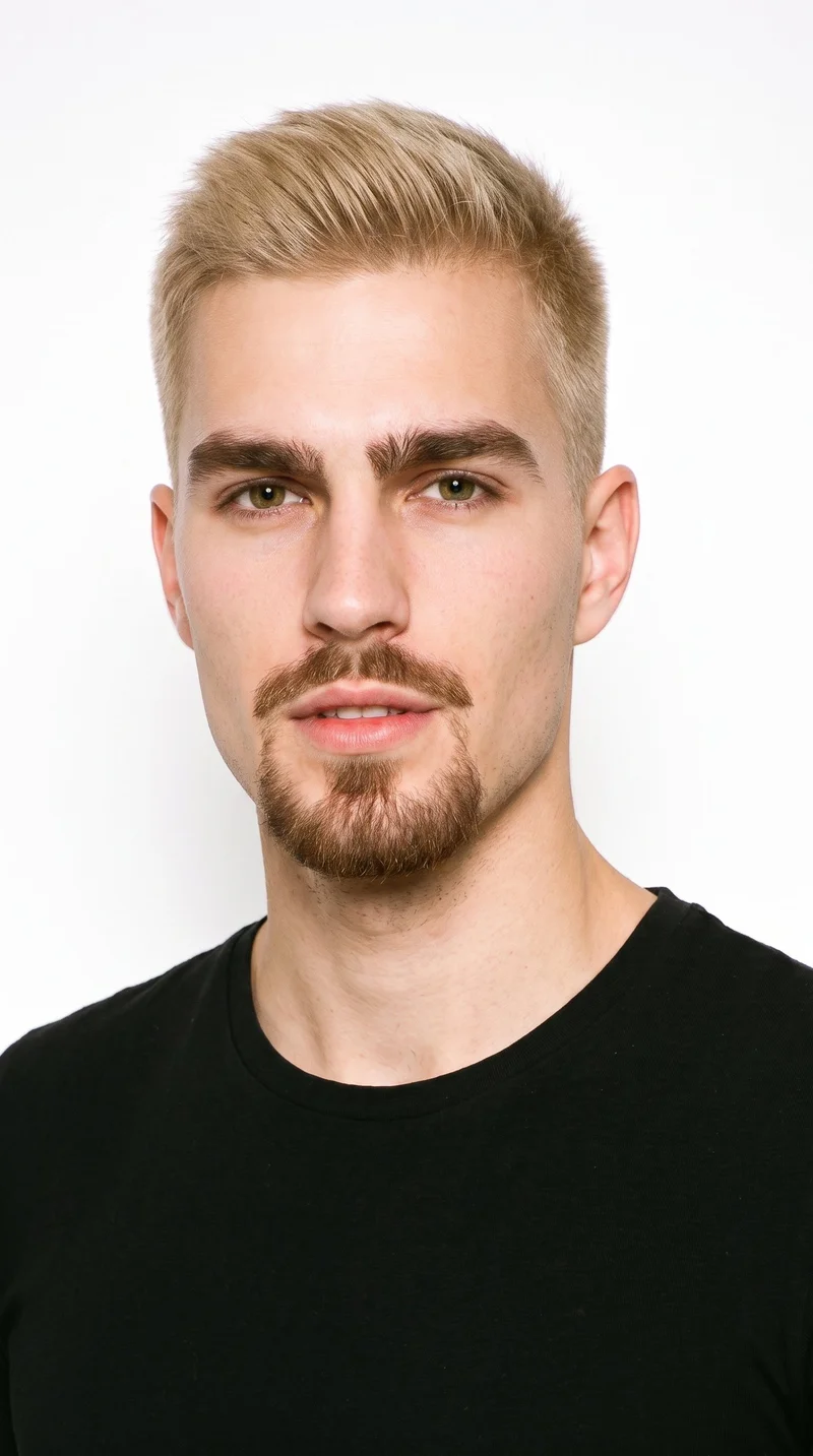 This 26-year-old Caucasian man has a medium skin tone with a neutral undertone and a softly balanced, refined face shape. His eyebrows are thick, and his eyes are brown. He has thin lips, mid-tone blonde hair in a short tapered crew cut that is slightly longer on top than at the sides, and a connected moustache and rounded goatee forming a circle around his mouth.