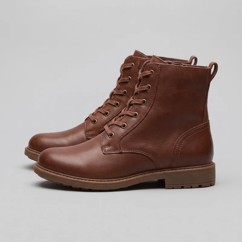 A pair of brown lace-up ankle boots is shown in a clear side three-quarter view. The boots have rounded toes, straight shaft openings, flat laces threaded through multiple metal eyelets, back pull loops, paneled uppers with curved side overlays, low block heels, welt-like sole edges, and ridged lug outsoles.