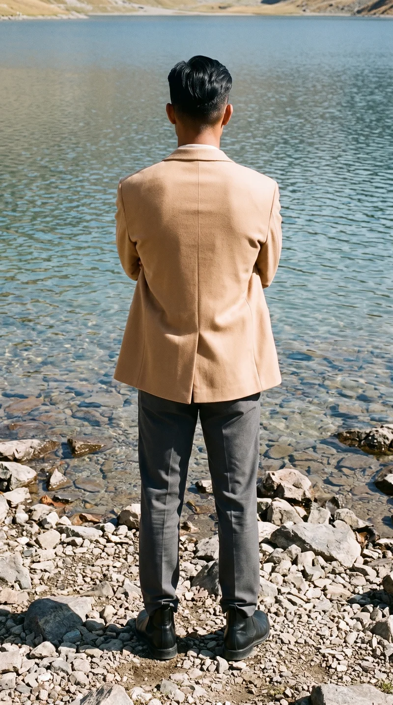 A 20-year-old Southeast Asian man wears a camel oversized blazer in a full-body back view, posing with a self-hug. An alpine lake shore serves as the backdrop.